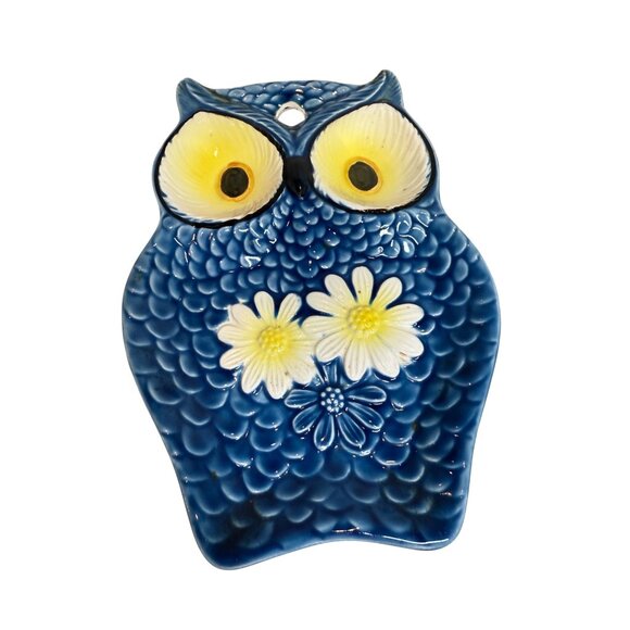 Vintage blue Owl Ceramic Spoon Rest or Catchall Trinket Dish , Wall Hanging Owl - Picture 1 of 5